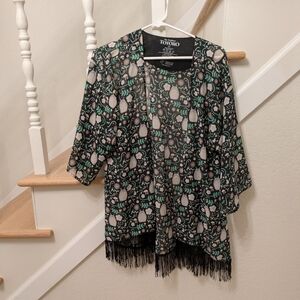 My Neighbor Totoro - Womens Black Fringe Kimono - Green & Beige Print - Size M